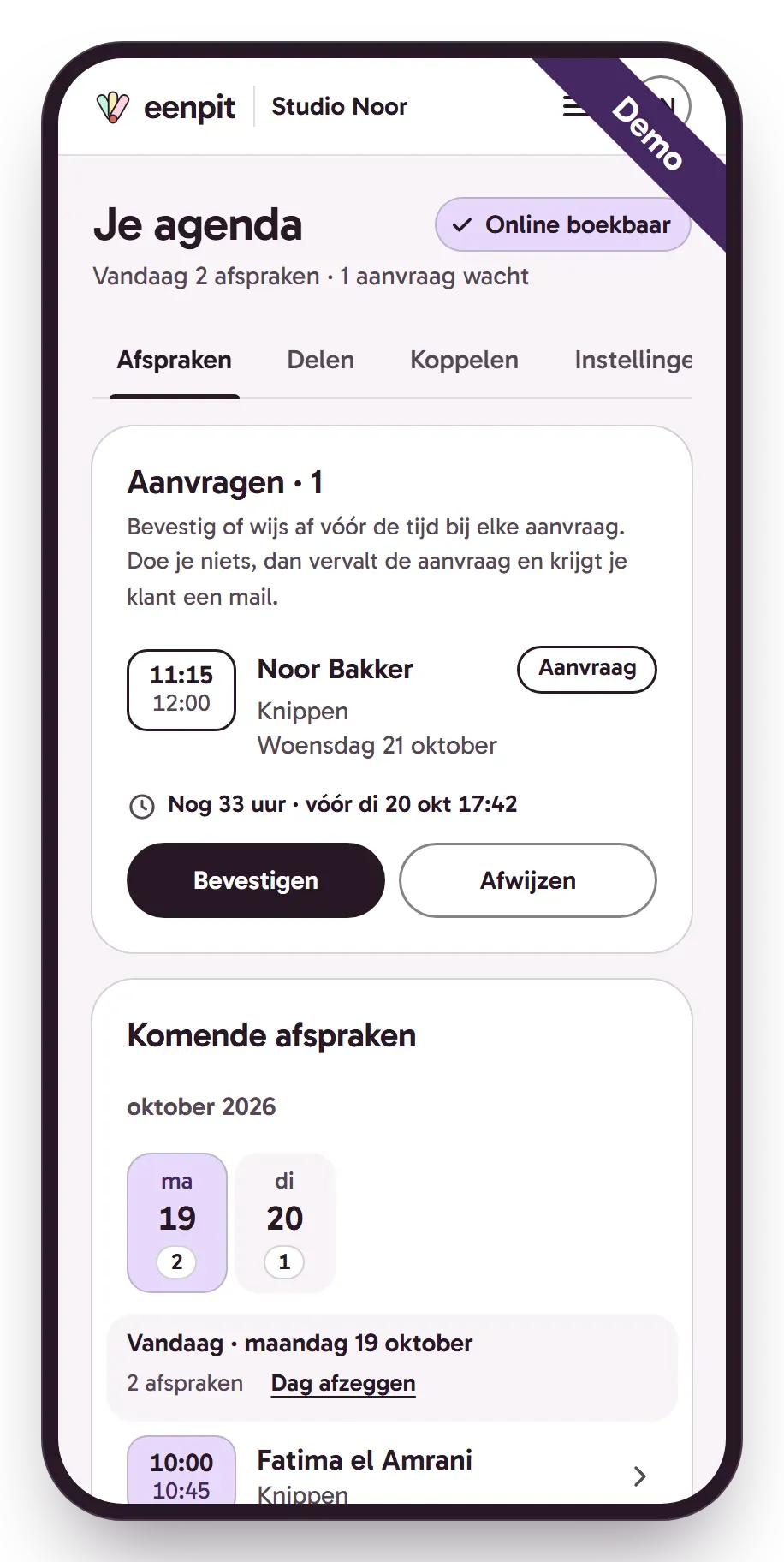 Demo. Je agenda op een telefoon: een aanvraag om te bevestigen en de afspraken van vandaag.