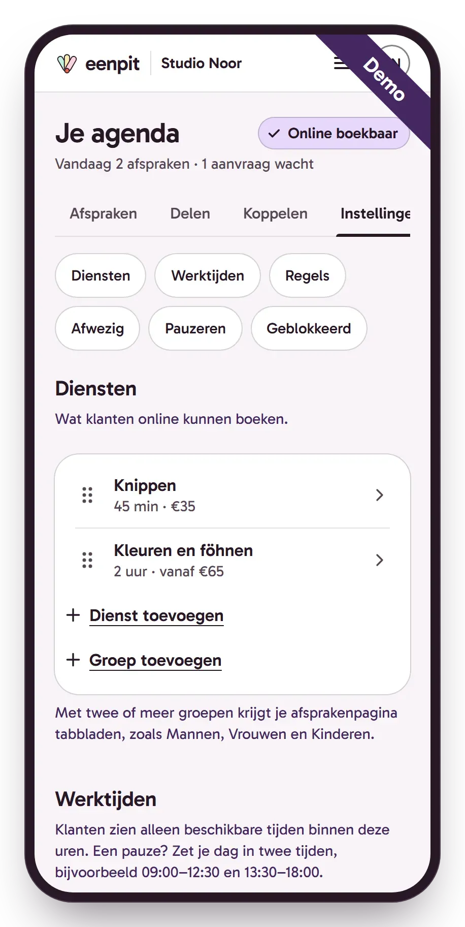 Demo. De instellingen van je agenda op een telefoon: je diensten, met duur en prijs.