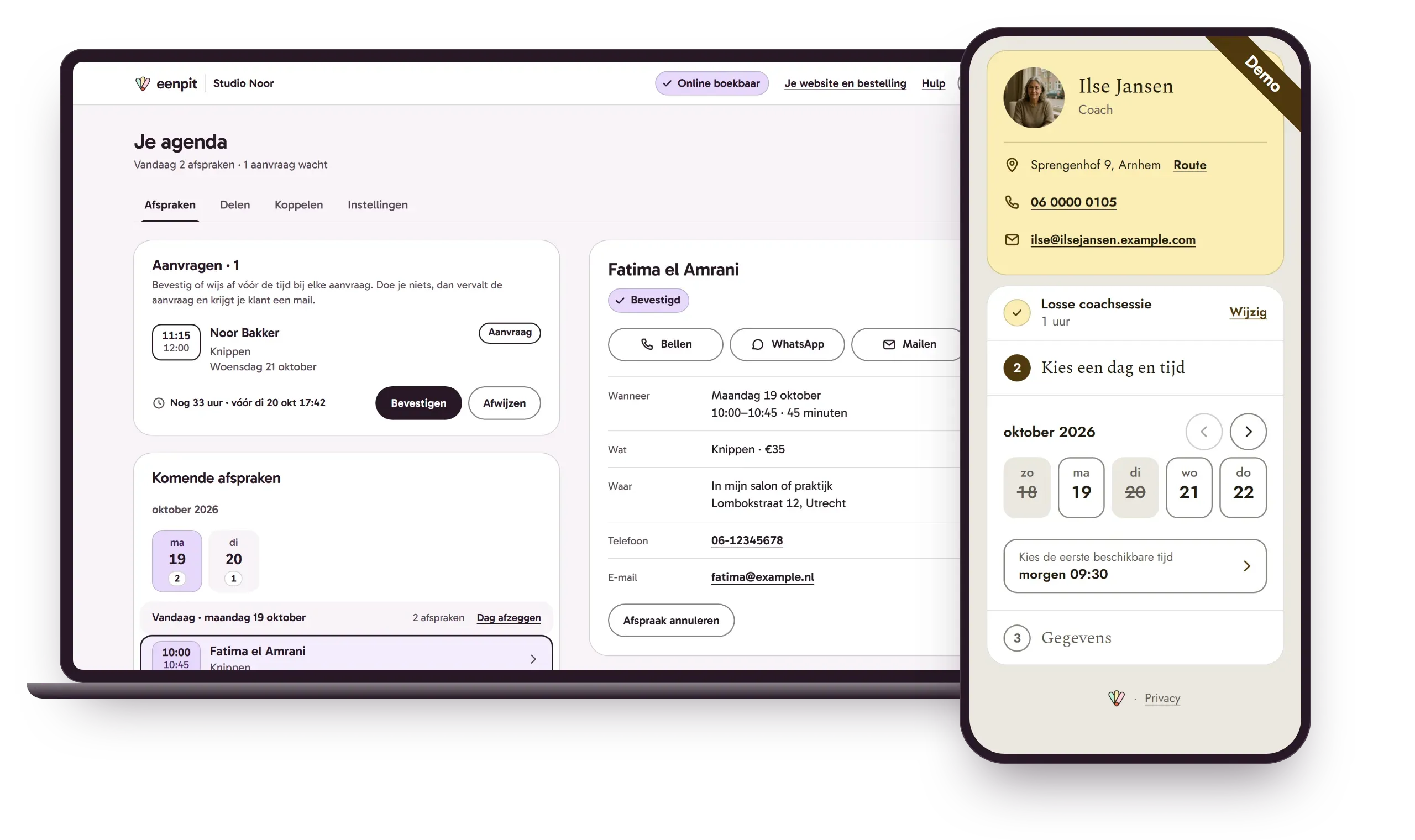 Demo. De agenda van een zaak op een laptop en de afsprakenpagina van een coach op een telefoon.
