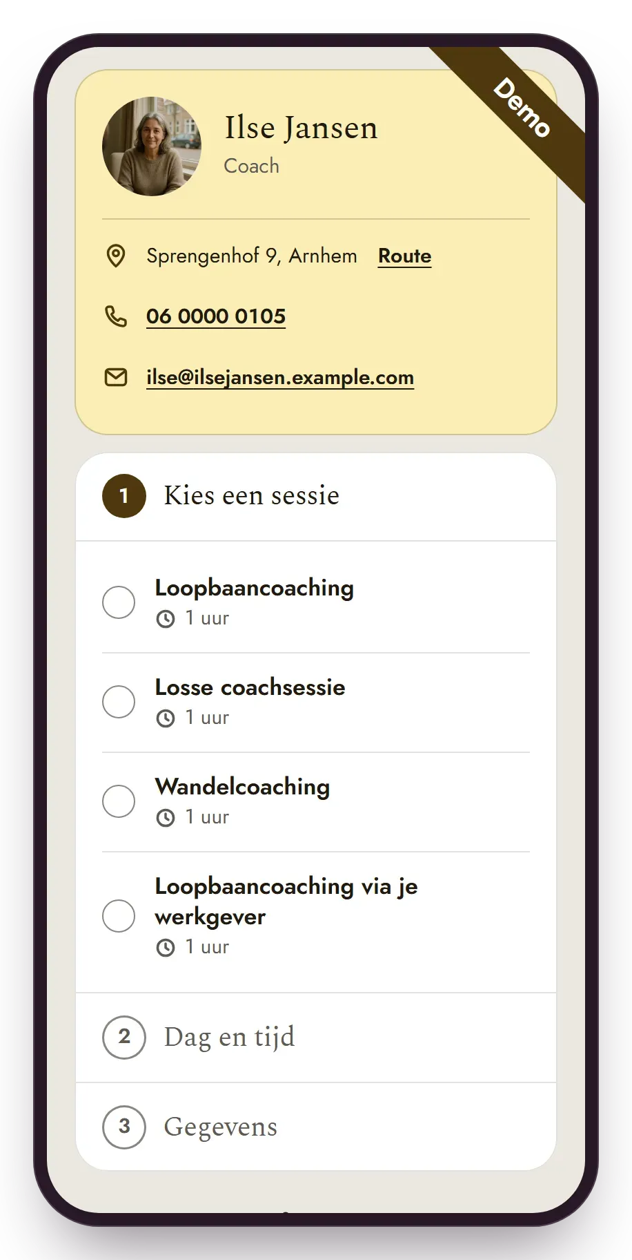 Demo. De afsprakenpagina van een coach op een telefoon: de sessies om uit te kiezen.