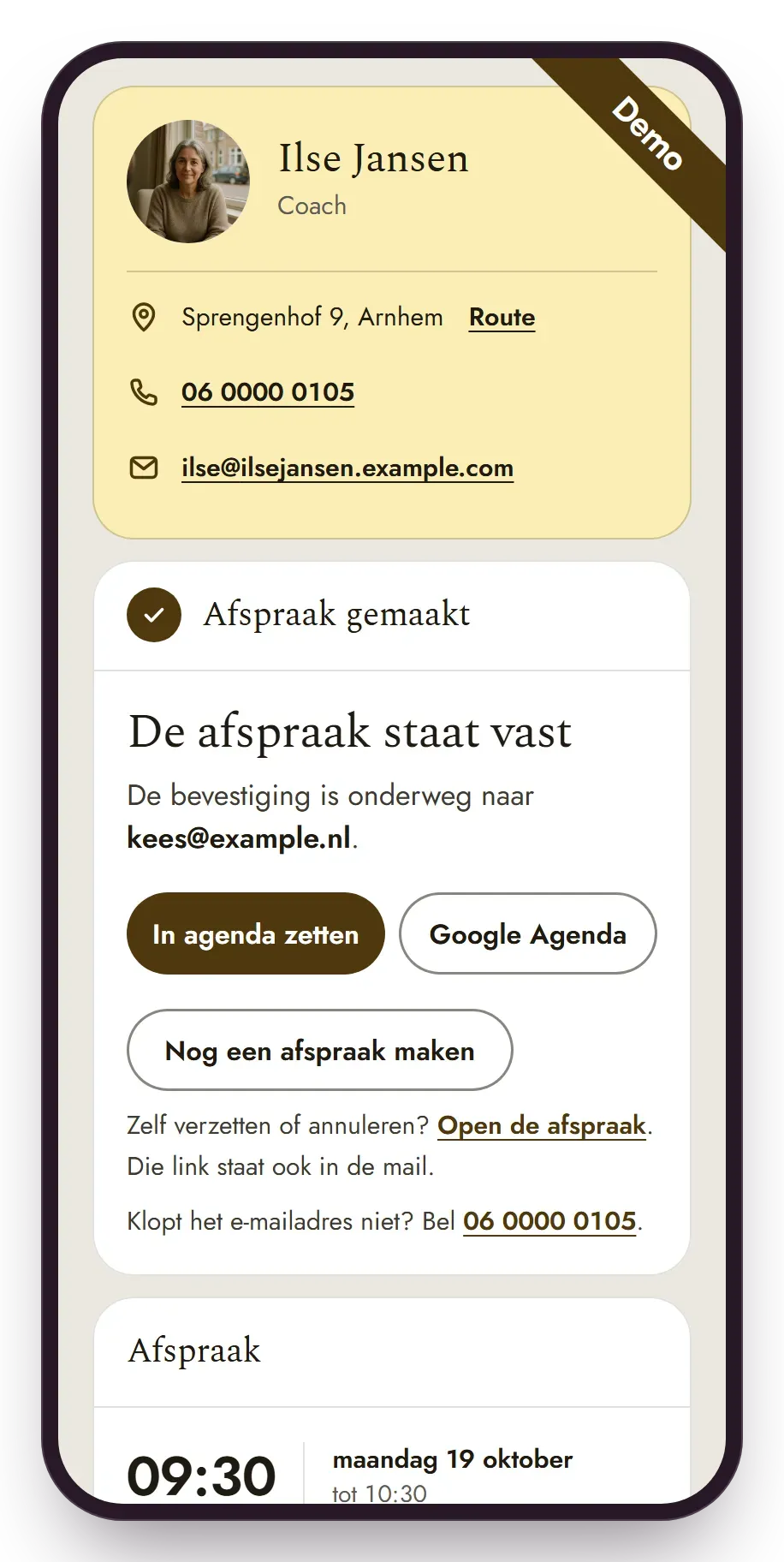 Demo. De bevestiging: dag, tijd, dienst en gegevens van de afspraak.