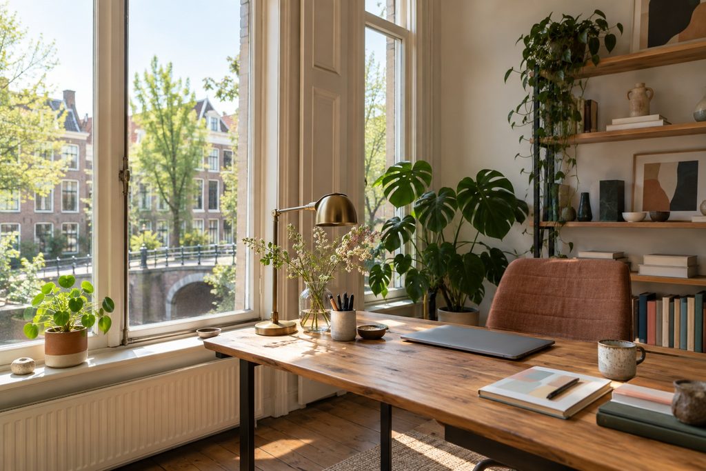 Het kantoor van Ayla Verbeek aan de gracht in Utrecht, met een bureau voor een hoog raam
