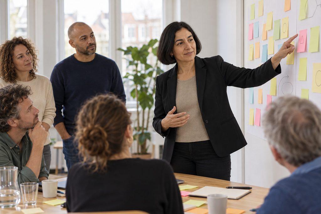 Ayla Verbeek wijst in een teamsessie naar een wand met gekleurde briefjes terwijl vijf collega's meekijken