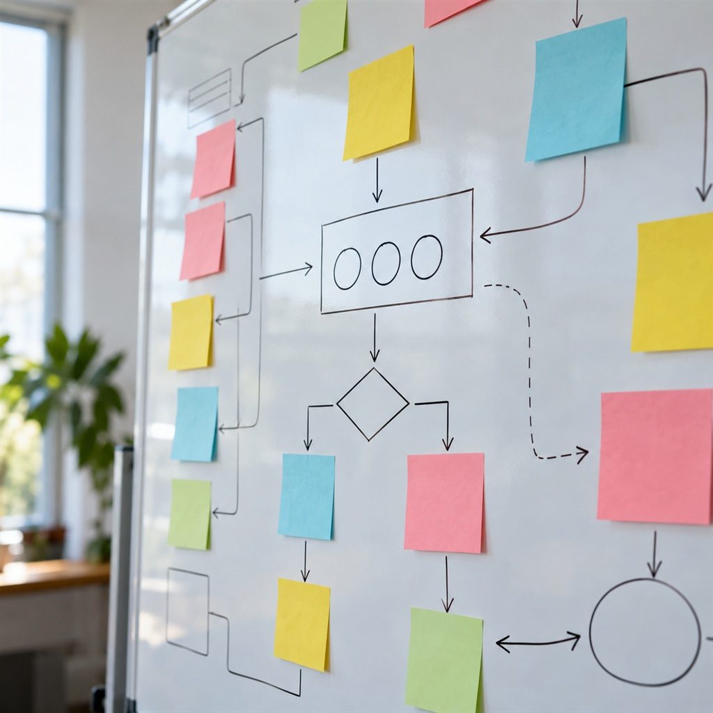 Whiteboard met een procesplaat van gekleurde briefjes, pijlen en vormen, gemaakt tijdens een verkenning