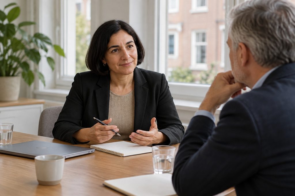 Ayla Verbeek in gesprek met een directeur aan een houten tafel, met een notitieboek en glazen water