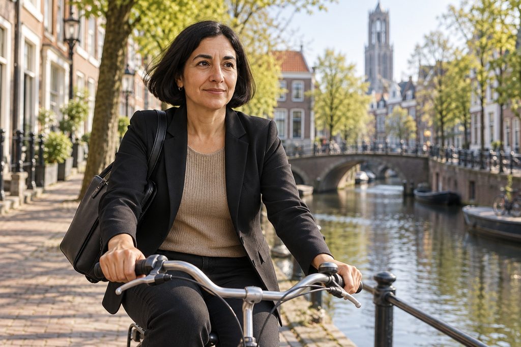 Ayla Verbeek fietst met haar laptoptas langs een gracht in Utrecht, met de Domtoren in de verte