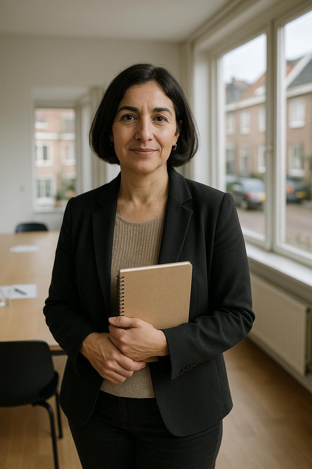 Ayla Verbeek met een notitieboek in een lichte vergaderruimte