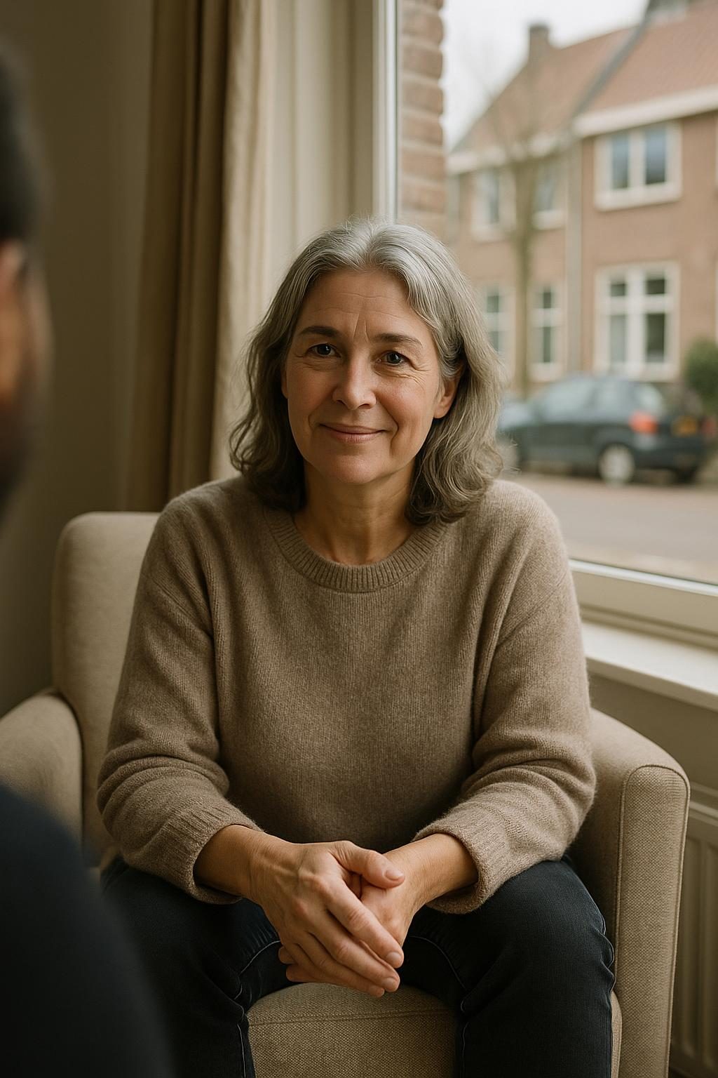 Ilse Jansen luistert, in een leunstoel bij het raam