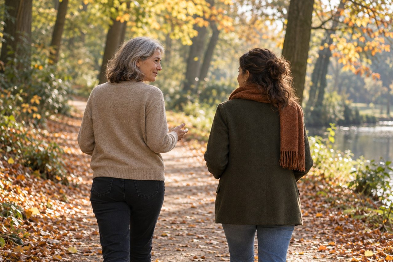 Ilse en een cliënt wandelen in de herfst over een bospad in park Sonsbeek