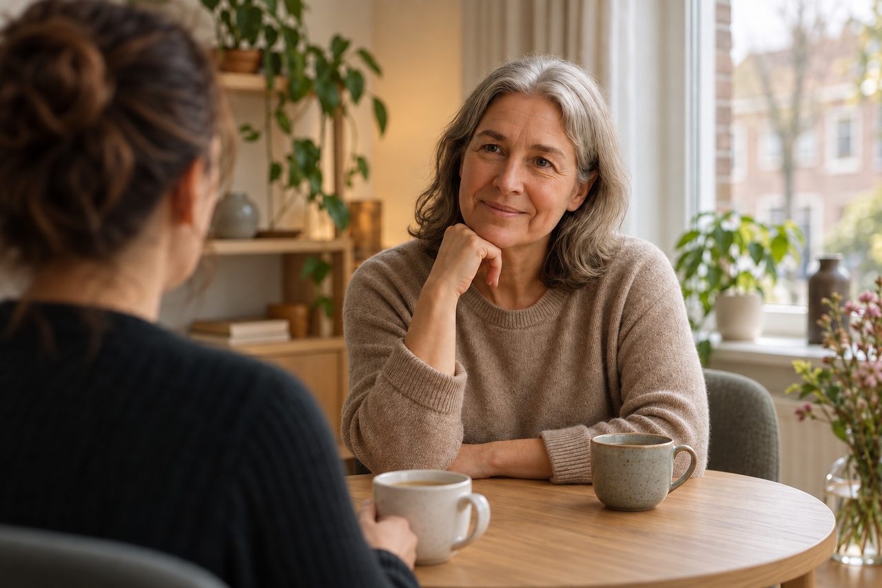 Ilse luistert tijdens een coachgesprek aan een ronde tafel met twee koppen thee