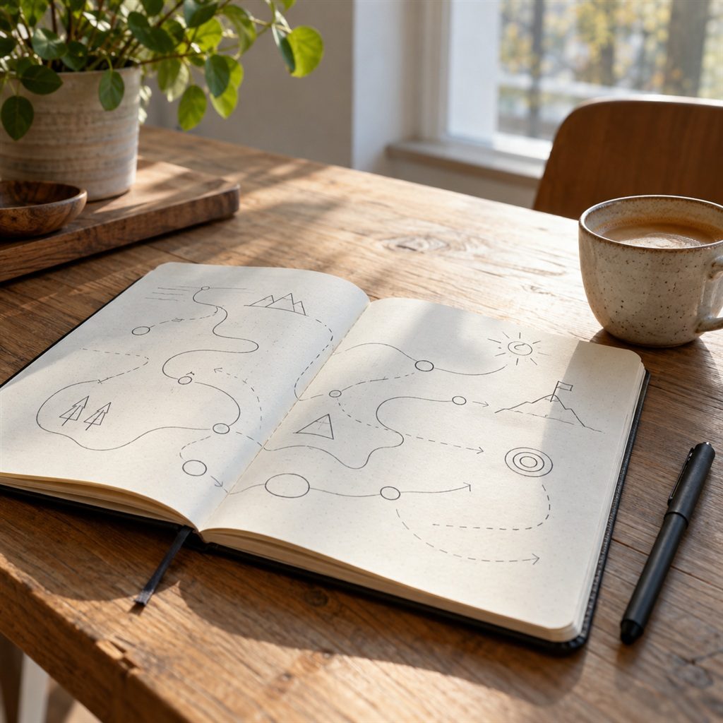 Open notitieboek met een getekende loopbaankaart, een pen en een kop koffie