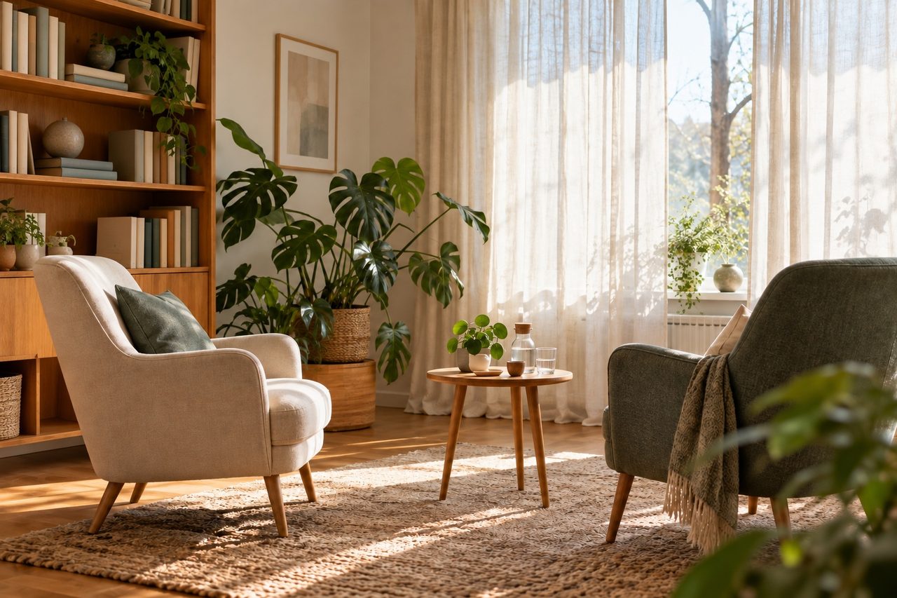 De praktijkruimte met twee stoelen, planten, een boekenkast en linnen gordijnen