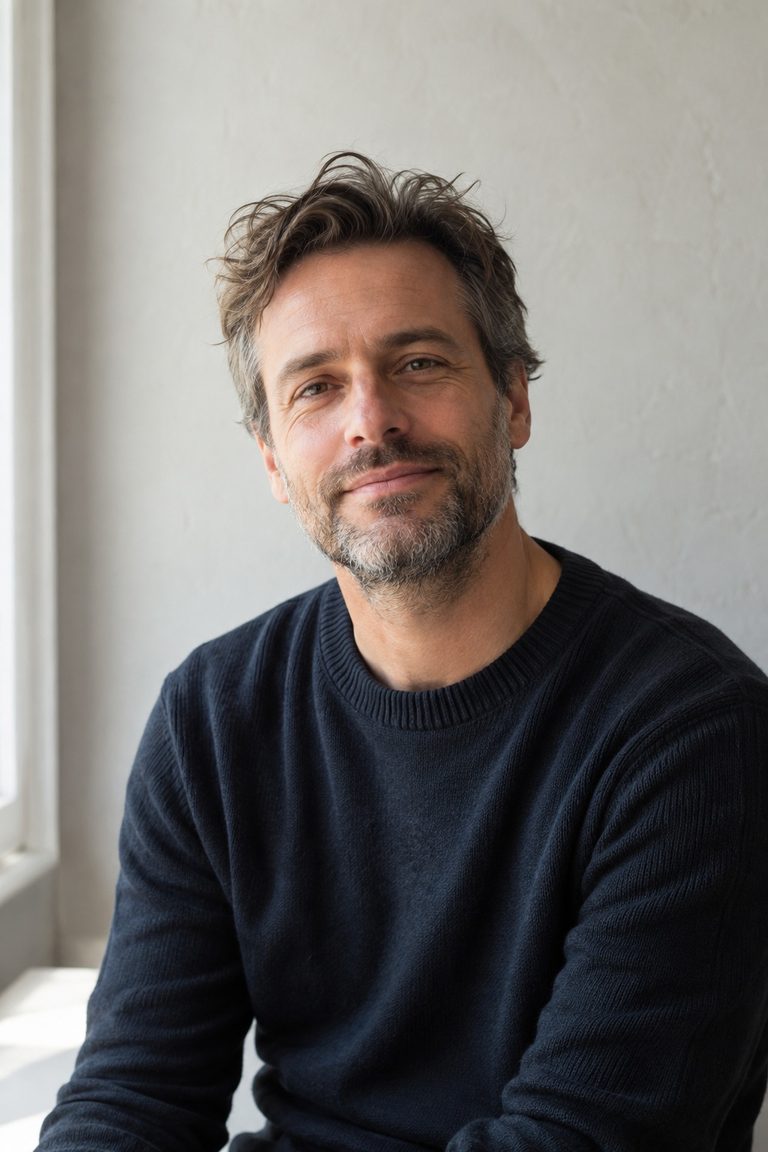 Zakelijk portret van een man in een donkere trui voor een lichte muur, met daglicht van opzij