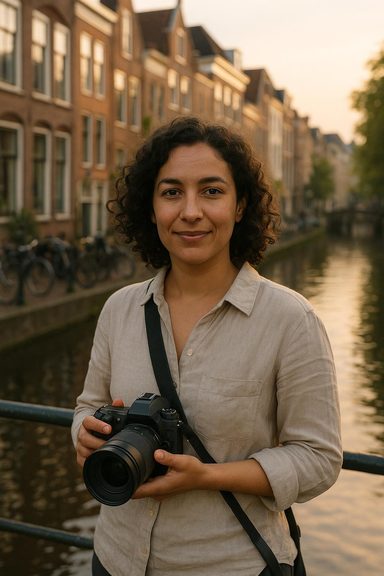 Noor met haar camera op een brug over een Leidse gracht, in het avondlicht