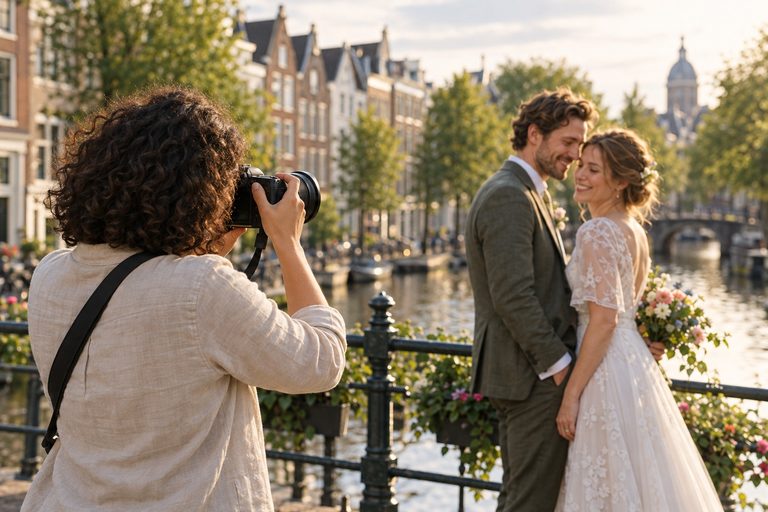 Noor fotografeert een bruidspaar op een brug over de gracht, gezien over haar schouder