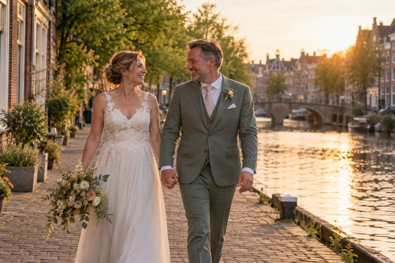 Bruidspaar wandelt hand in hand langs de gracht in het avondlicht