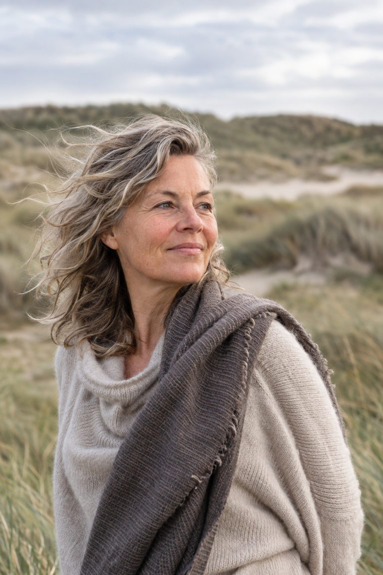 Portret van een vrouw in de duinen, haar grijsblonde haar in de wind
