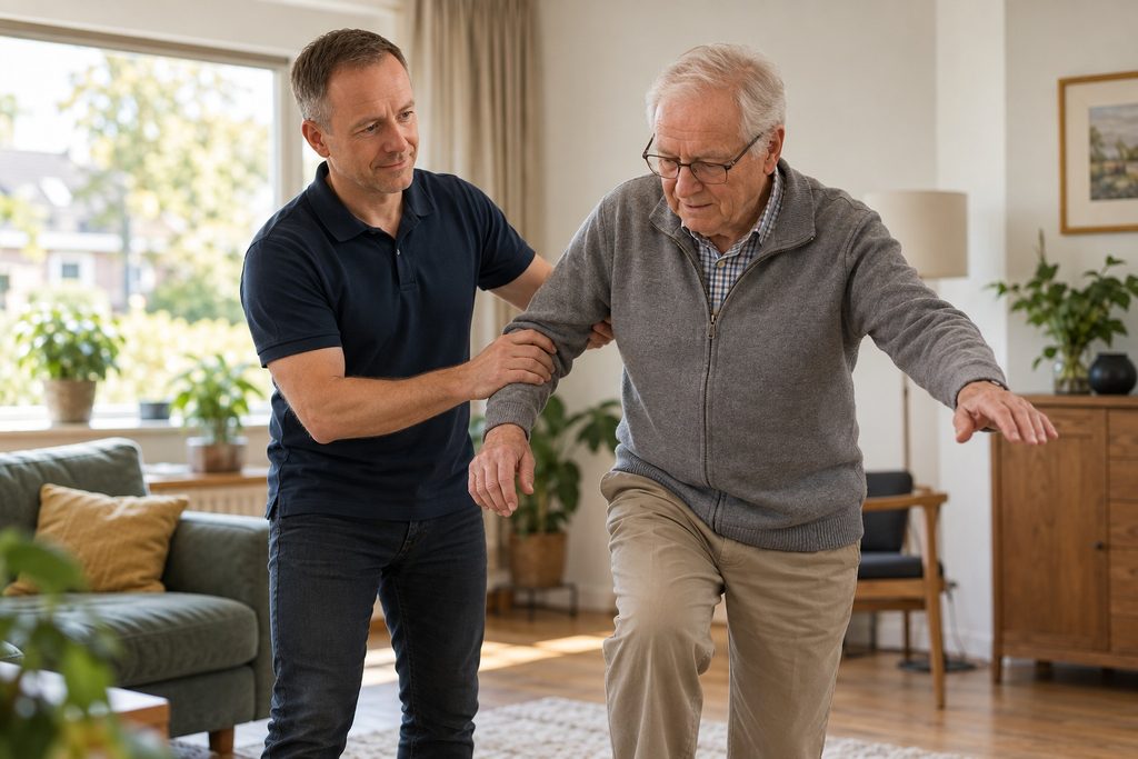 Bij een huisbezoek houdt Bram de arm vast van een oudere man die een balansoefening doet in zijn woonkamer