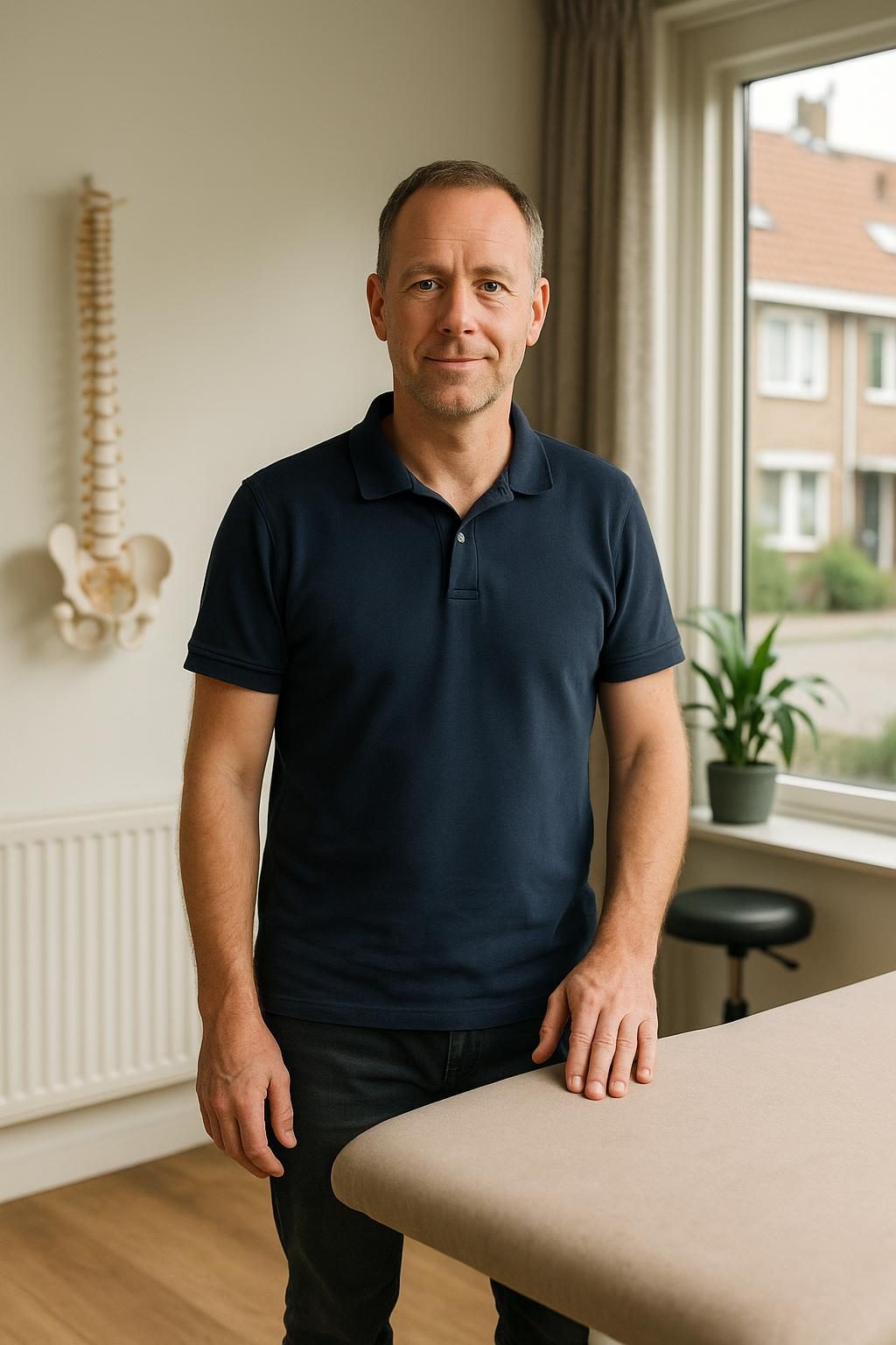 Bram de Wit in een donkerblauwe polo naast de behandelbank in zijn praktijk