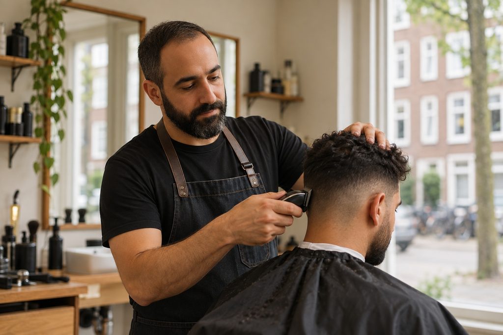 Tijdens: Mo knipt met de tondeuse een fade bij een klant in de stoel
