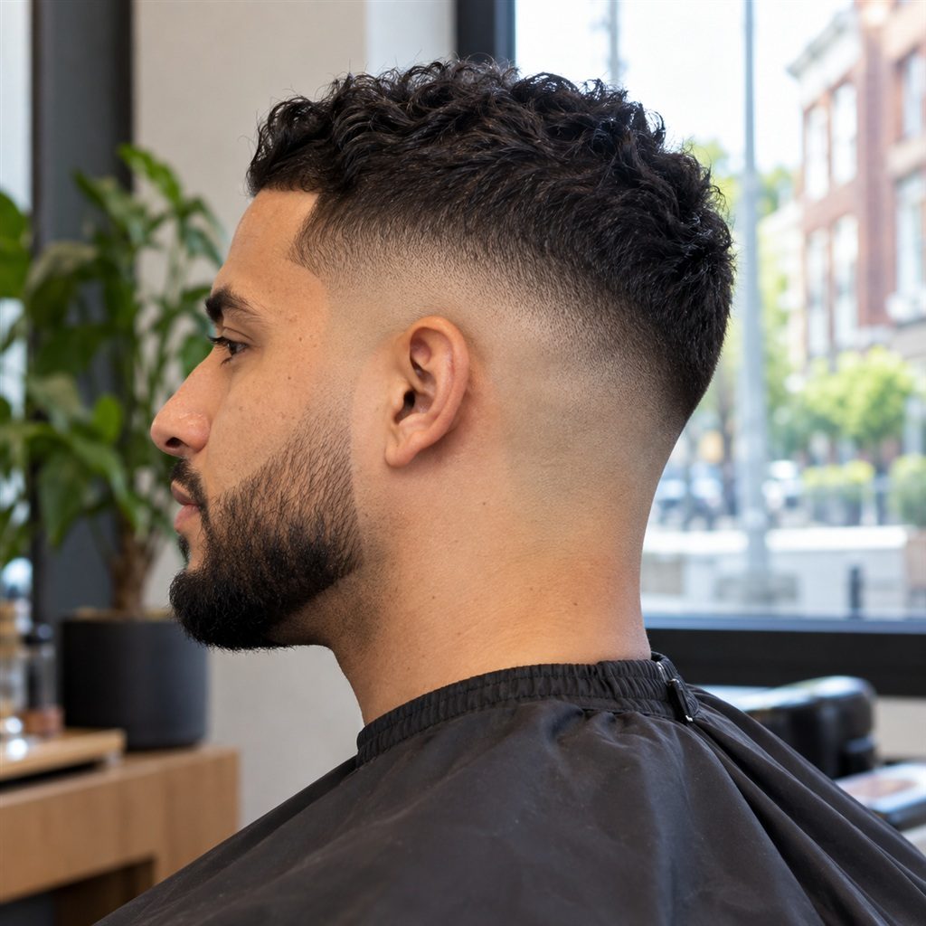 Na: Een verse skin fade van opzij, met een strakke nek en krullen bovenop
