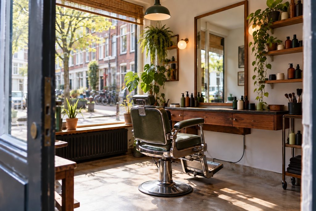De zaak vanuit de deur: één kappersstoel, een grote spiegel en houten planken, met de straat in Lombok achter het raam