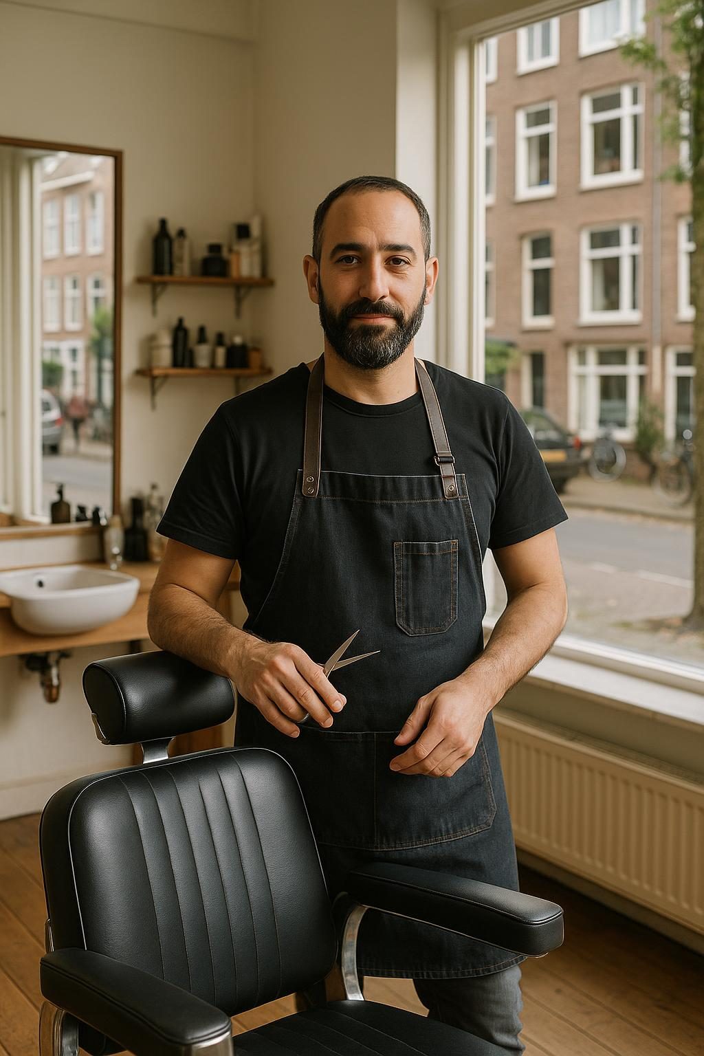 Mo in zijn zwarte schort achter de kappersstoel, met een schaar in de hand