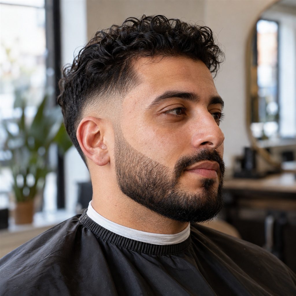 Een bijgewerkte baard met een scherpe wanglijn, schuin van voren