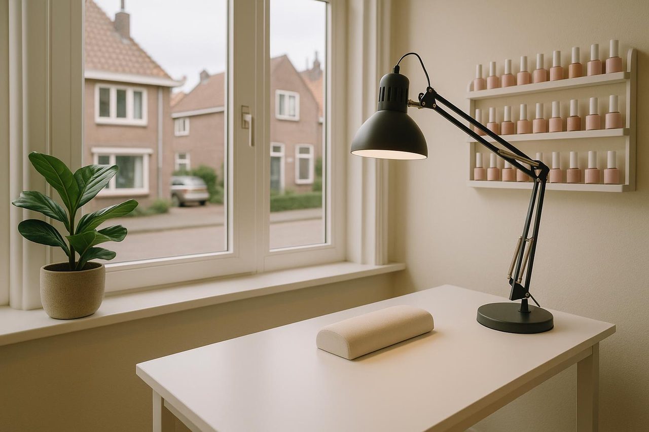 De nagelstudio aan huis: een witte tafel met bureaulamp, een rek met lak en de straat achter het raam