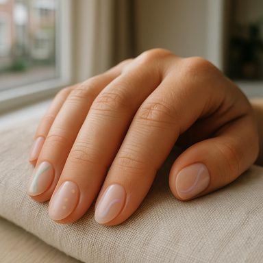 Hand met pastelkleurige nail art van stipjes en golvende lijntjes op een linnen doek