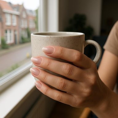 Hand met naturelle BIAB-nagels om een gespikkelde koffiekop