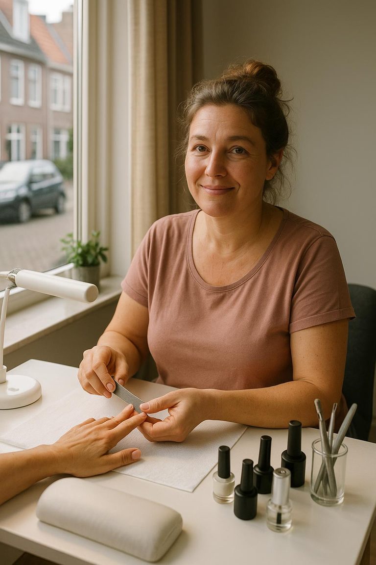Lotte aan haar nageltafel bij het raam, met een vijl in de hand