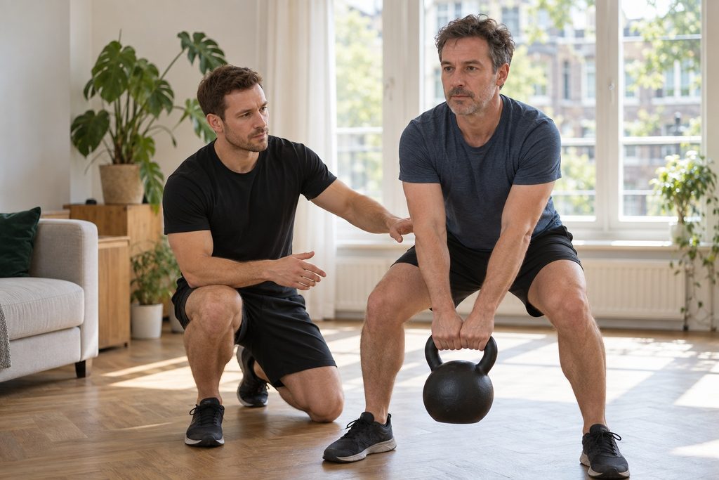 Daan begeleidt een klant bij een kettlebelloefening in een lichte woonkamer