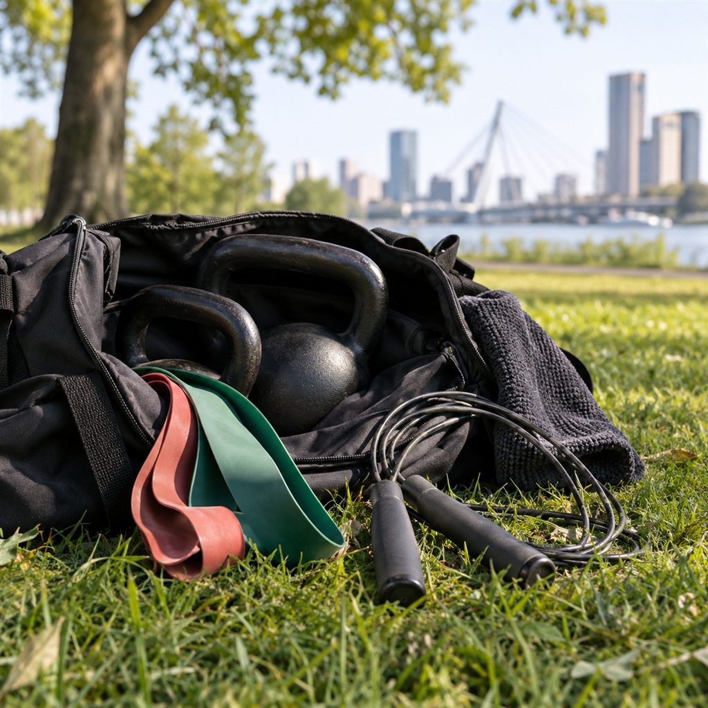 Sporttas met kettlebells, elastieken en een springtouw op het gras aan de Maas