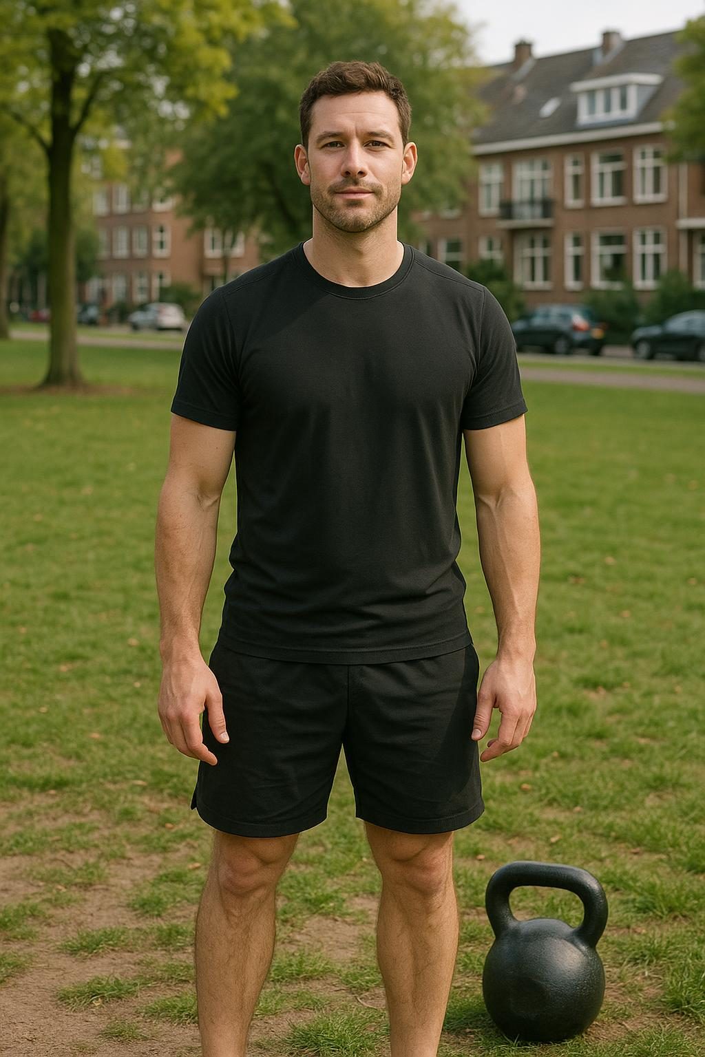 Daan in het park, met een kettlebell aan zijn voeten