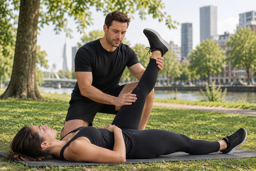 Daan rekt de hamstring van een klant op een mat in het park, met de Erasmusbrug in de verte