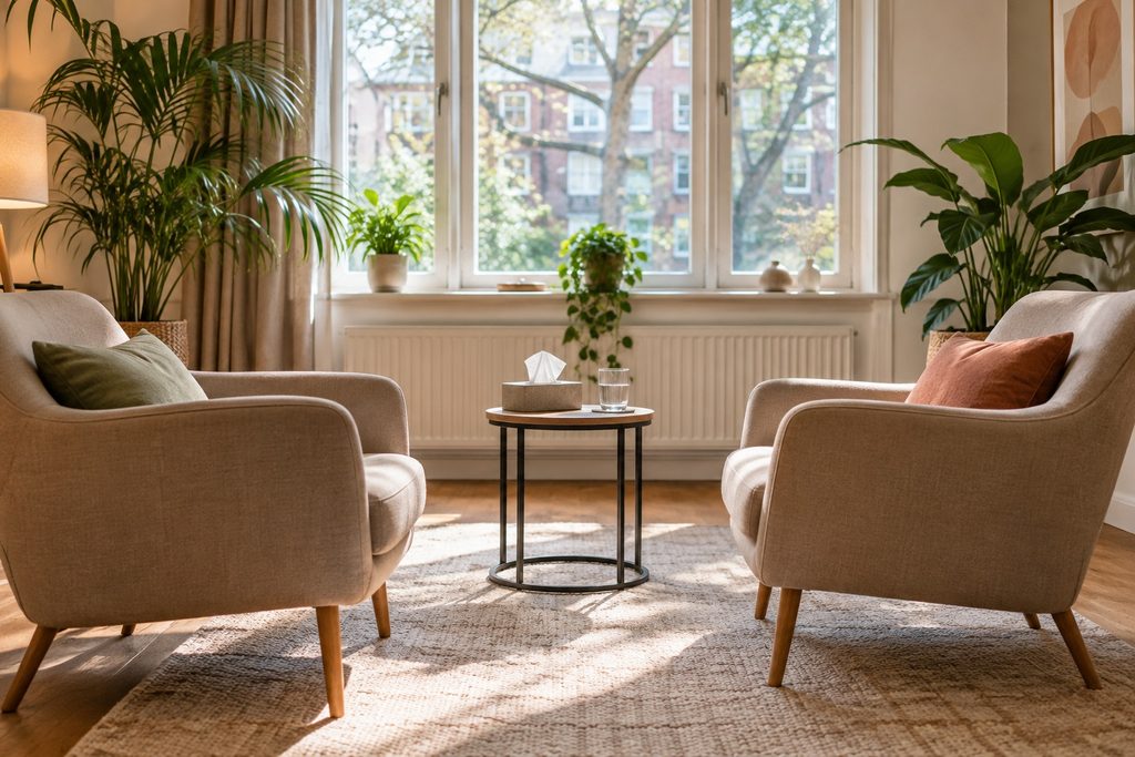 De spreekkamer: twee fauteuils tegenover elkaar bij het raam, met tissues en een glas water op het bijzettafeltje