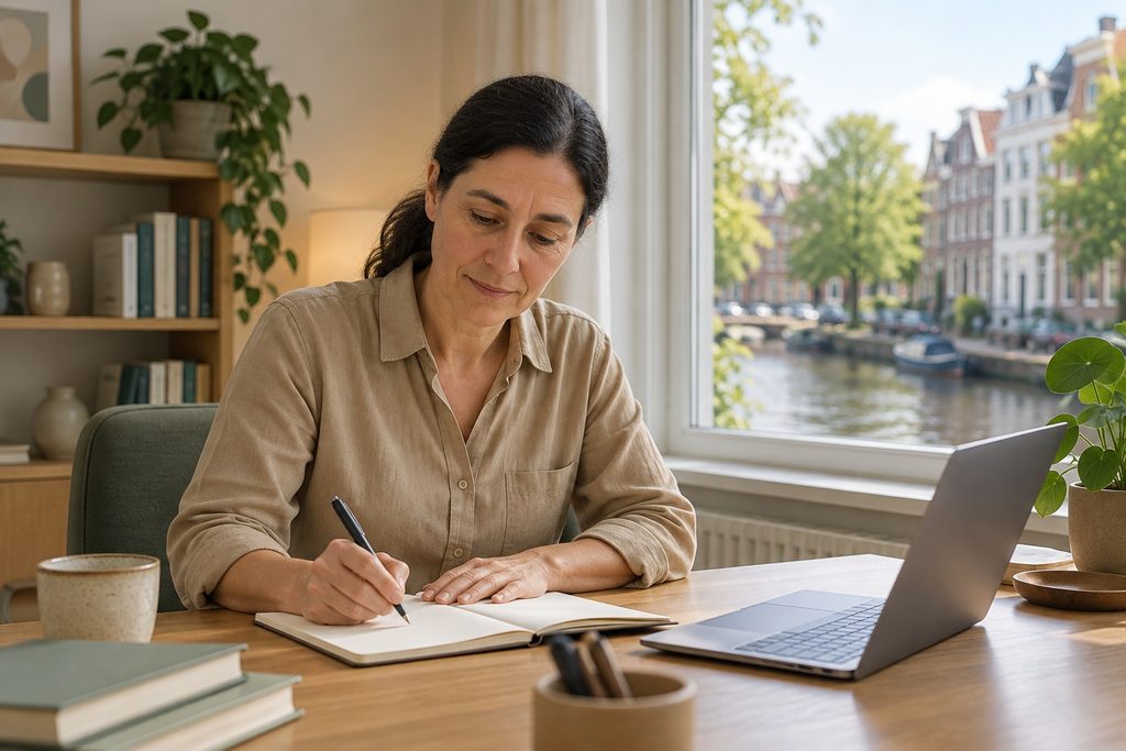Sara Kramer maakt aantekeningen aan haar bureau, met uitzicht op de gracht