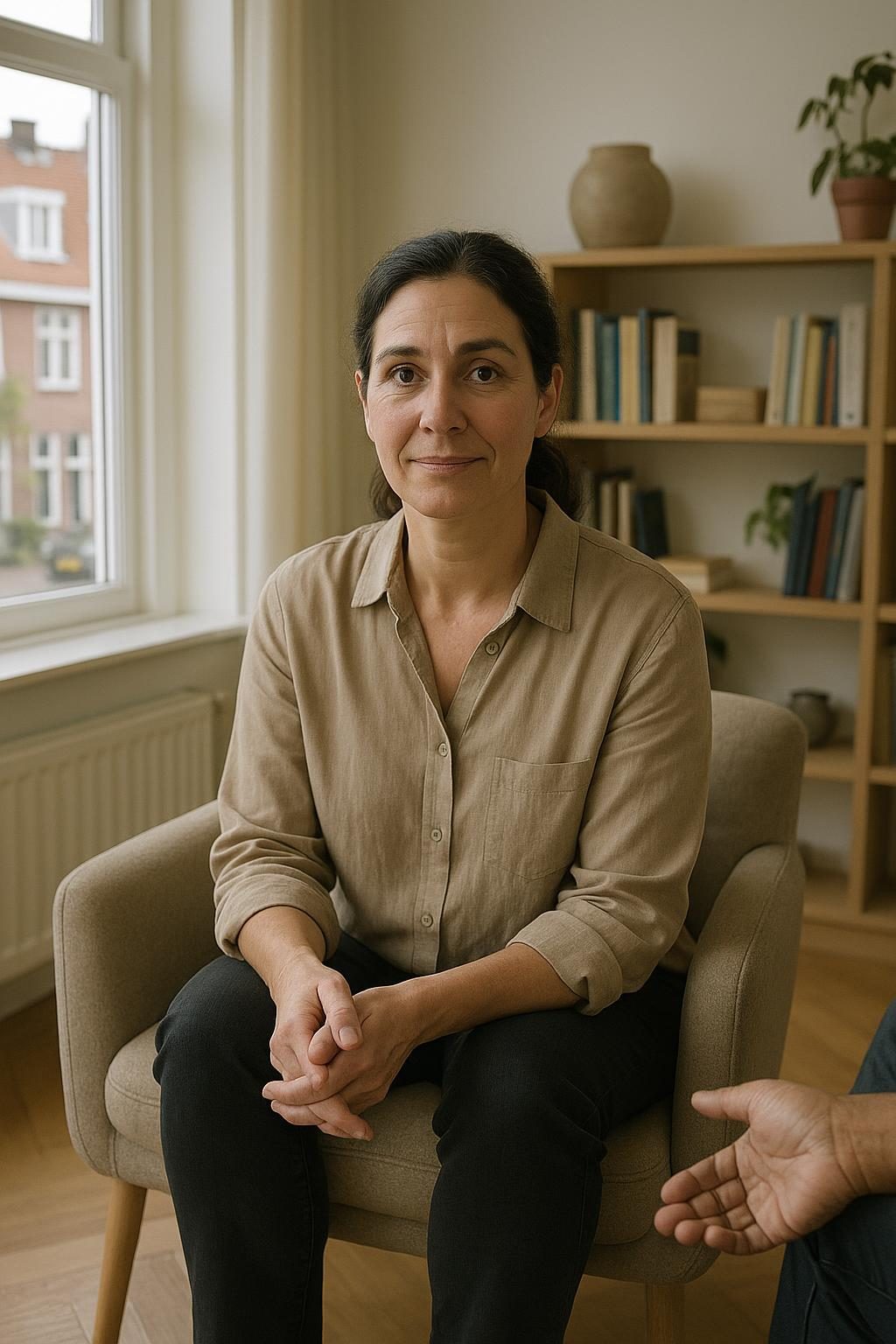 Sara Kramer zit in een fauteuil in haar spreekkamer en luistert