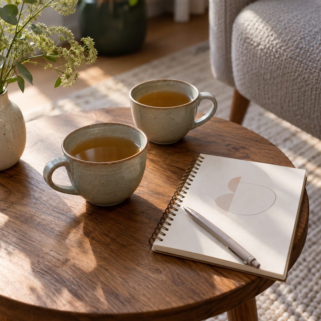 Twee koppen thee en een notitieboek op een houten tafeltje