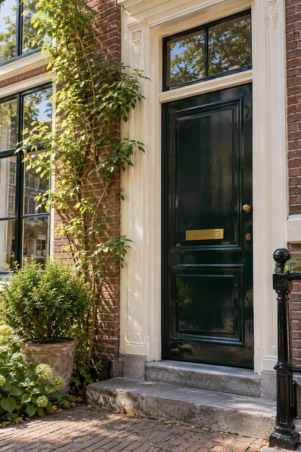 De voordeur van de praktijk: een donkergroene deur in een Haarlems pand
