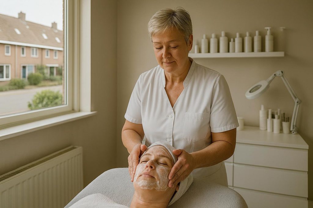 Ellen masseert de slapen van een klant met een crèmemasker op de behandelbank
