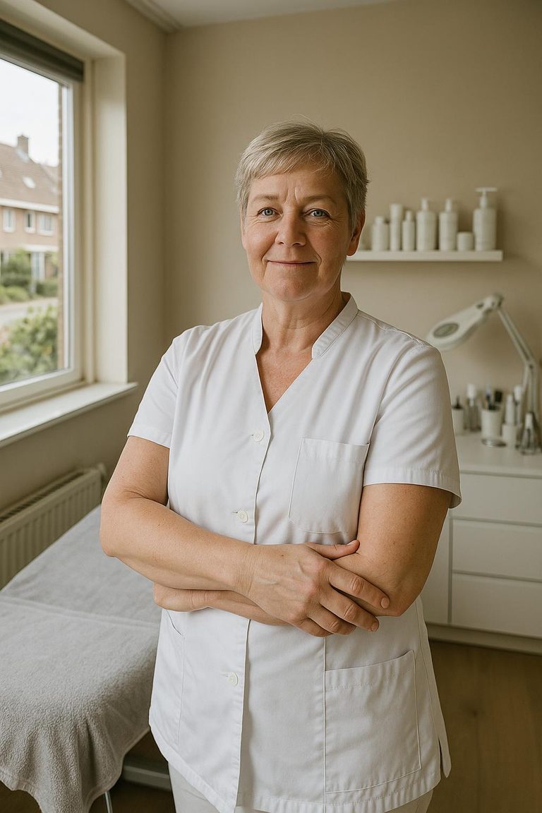 Ellen Verhoef in witte tuniek met losjes gekruiste armen in haar behandelkamer