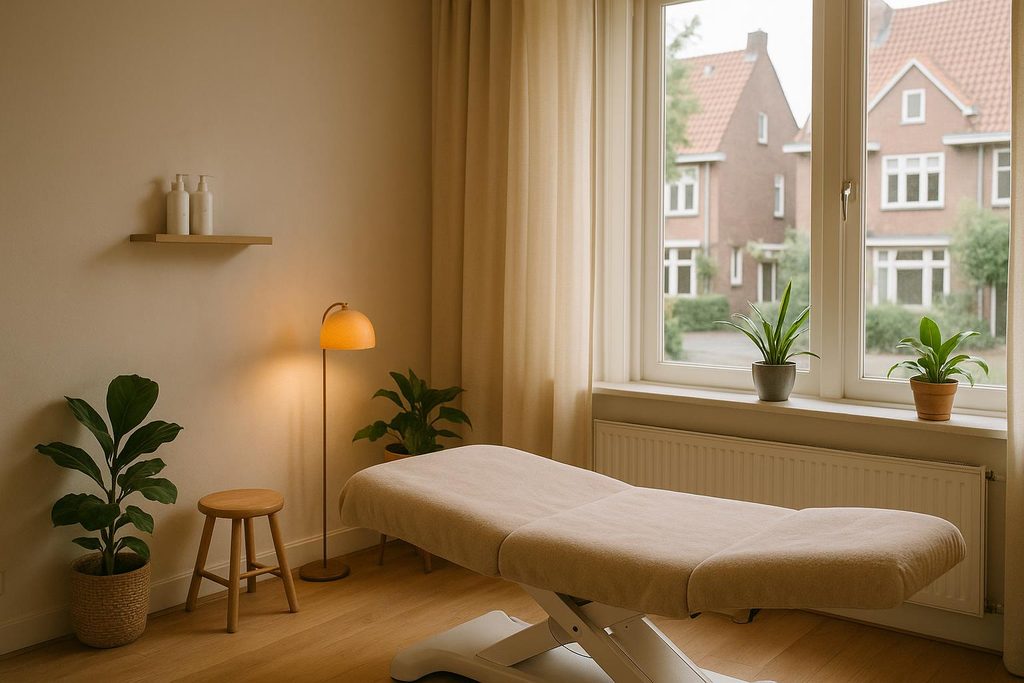 De behandelkamer aan huis: een behandelbank, een staande lamp, planten en linnen gordijnen voor het raam